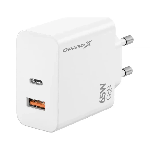 Зарядное устройство Grand-X GaN 1xUSB-C + 1xUSB 65W PD3.0 QC4.0 AFC SCP FCP white (CH-960W) - изображение 1