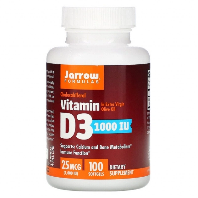 Вітамін Jarrow Formulas Вітамін D3 (Холекальциферол), 1000 МЕ, 100 гелевих капсул (JRW-30003) - изображение 1