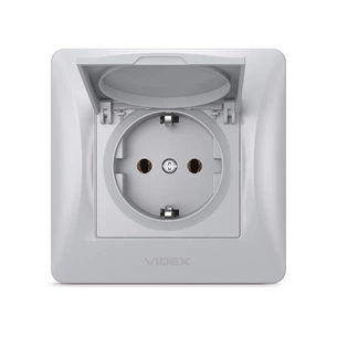 Розетка Videx BINERA 1ая із заземленням і кришкою сріб (VF-BNSK1GС-SS) зображення 1