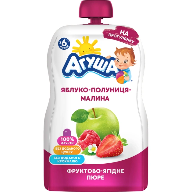 Дитяче пюре Агуша Яблуко-Полуниця-Малина 90 г (4823063116534) - изображение 1