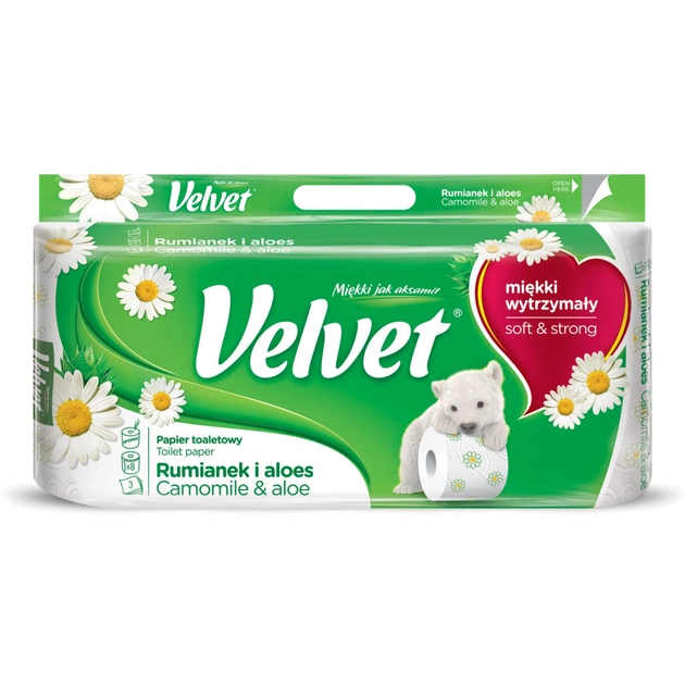 Туалетний папір Velvet Ромашка й алое 3 шари 8 рулонів 150 відривів (5901478999030) - изображение 1