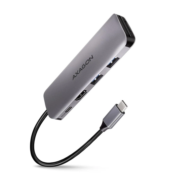 Концентратор AXAGON USB-C to 2xUSBA + HDMI + SD/microSD + USB-C PD 100W 0.2m grey (HMC-5) - изображение 1