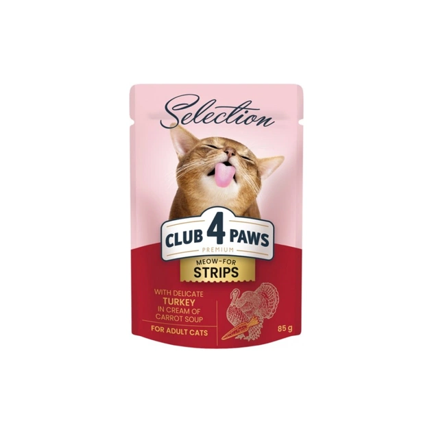 Вологий корм для кішок Club 4 Paws Selection Плюс Смужки з індичкою в крем супі з моркви 85 г (4820215368070) - зображення 1