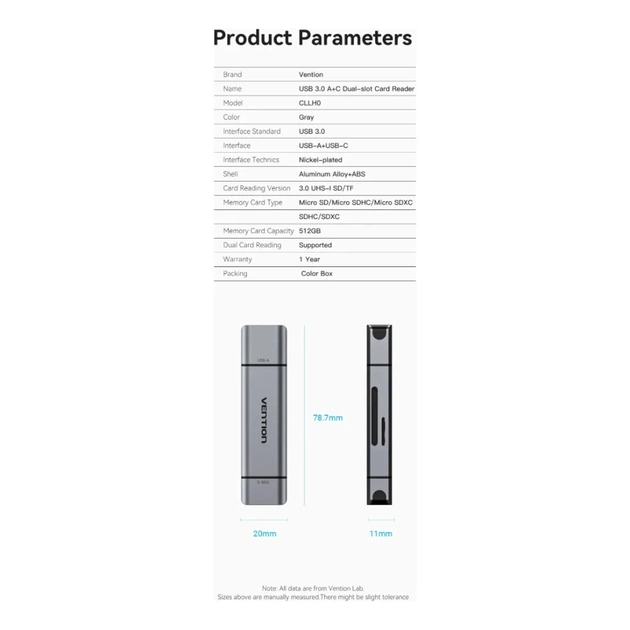 Считыватель флеш-карт Vention USB 3.0 AM/USB-C to SD+TF Gray Dual Drive Letter Aluminum Alloy (CLLH0) - изображение 4