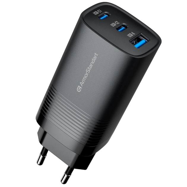 Зарядний пристрій Armorstandart 2xUSB-C + 1xUSB 67W GaN black (ARM88384) - зображення 1