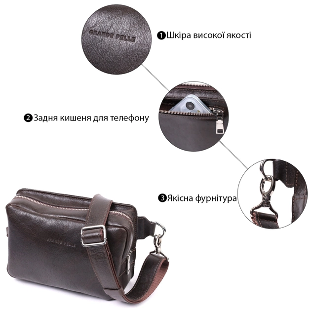 Сумка Grande Pelle Бананка з натуральної шкіри Коричнева (22575) - зображення 3
