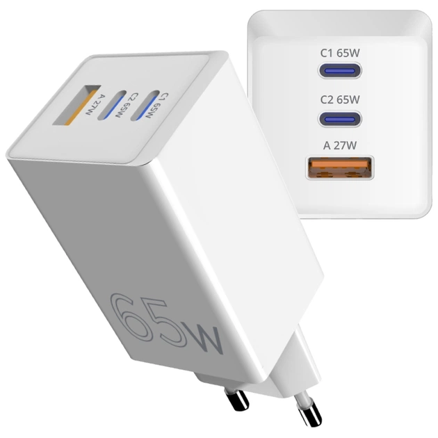 Зарядний пристрій Sigma 2xUSB-C PD65W + 1xUSB QC3.0 GaN X-power PS65-01 white (4827798637715) - зображення 1