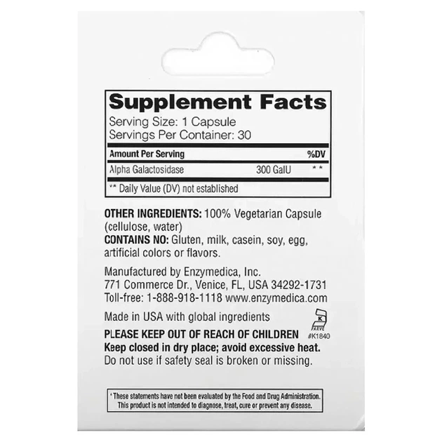 Пробіотики Enzymedica Фермент для перетравлення складних вуглеводів, BeanAssist, 30 капсул (ENZ-13030) - зображення 3