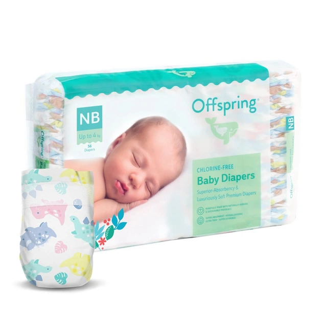 Підгузки Offspring Dinoland, розмір NB, до 4 кг 56 шт (DP-OI-FAT-NB56P-DNL) - зображення 1