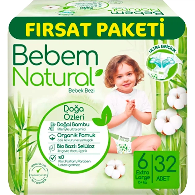 Підгузки Bebem Natural 6 Extra large 15+ кг 32 шт (8690536831982) - зображення 1