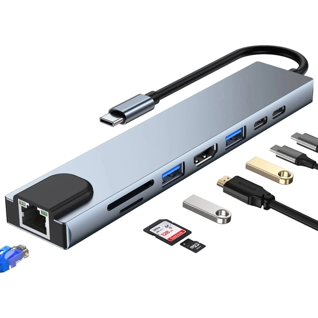 Концентратор Dynamode USB-C 8-in-1 HDMI 4K30Hz + 1xRJ45 + 1xUSB 3.0 + 1xUSB 2.0 + 1xUSB-C PD (BYL-2017L) - picture 7