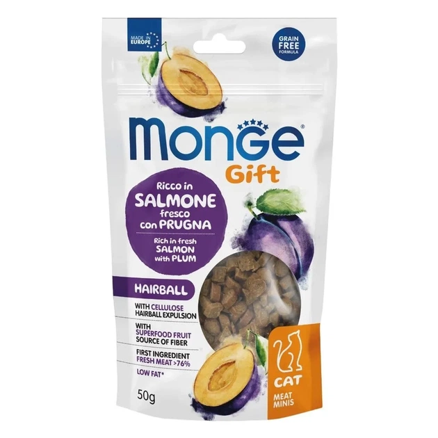 Лакомство для котов Monge Gift Cat Hairball лосось с сливой 50 г (8009470085137) - изображение 1