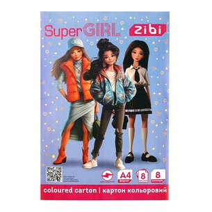 Кольоровий картон ZiBi двосторонній (целюлозний) SUPER GIRL, А4, 8 кольорів - 8 аркушів (ZB.1959-10) зображення 1