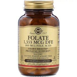 Вітамін Solgar Фолат (В9), Folic Acid, 800 мкг, 250 рослинних капсул (SOL-01101) зображення 1