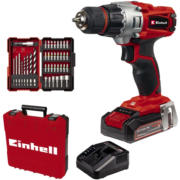 Шуруповерт Einhell TE-CD 18/2 Li +39, 1x2,5 Ah, PXC, 18В, 2.5 Аг, набір біт і свердл, кейс (4514219) - зображення 1