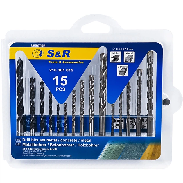 Набор сверл S&R Meister 15шт.:3,4,5,6,8мм мет/дер/бетон (216301015) - изображение 1