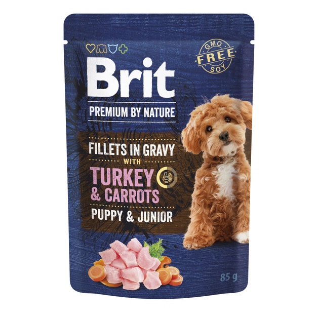 Вологий корм для собак Brit Premium Fillets in Gravy Turkey & Carrots Puppy 85 г (8595602572458) - зображення 1