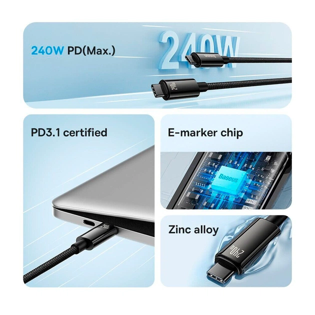 Дата кабель USB-C to USB-C 1.0m 240W Black Baseus (CAWJ040001) - зображення 8