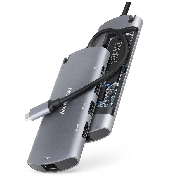 Концентратор AXAGON USB-C to 2xUSB-A + HDMI + RJ45 + SATA M.2 + PD 100W 0.18m grey (HMC-6M2) - зображення 1