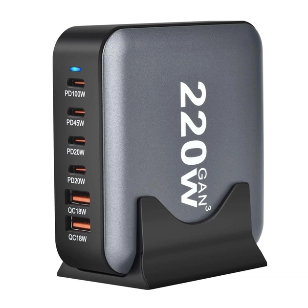 Зарядний пристрій XoKo 1xUSB-С PD100W + 1xUSB-С PD45W + 2xUSB-С PD20W + 2xUSB QC18W 220W GaN (QC-220) - изображение 1
