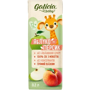 Сік дитячий Galicia Baby яблучно-персиковий з м’якоттю натуральний 200 мл (4820209564327) изображение 1