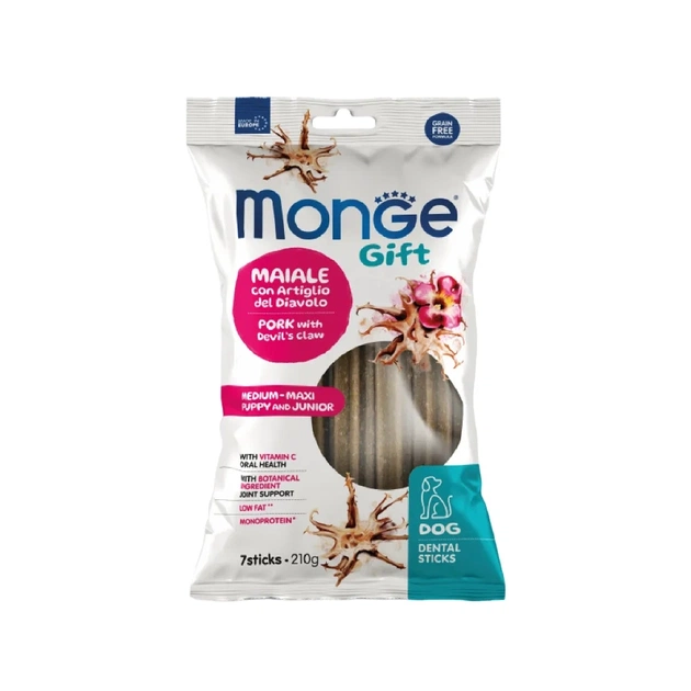Лакомство для собак Monge Gift Dog Puppy and Junior Medium&Maxi свинина с корнем когтя дьявола 210 г (8009470085601) - изображение 1