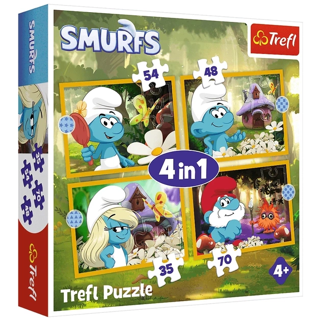 Пазл Trefl The Smurfs Жизнь в деревне смурфов 4 в 1 (35, 48, 54, 70) (5900511346640) - изображение 1