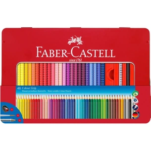 Олівці кольорові Faber-Castell Grip, акварельні, 48 кольорів в металевій коробці з аксесуарами 112448 (26536) зображення 1