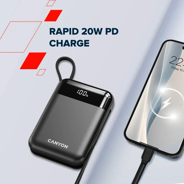 Батарея універсальна Canyon 10000mAh OnPower 104 PD/20W, QC/22.5W built-in cable Black (CNS-CPB104B) - зображення 7
