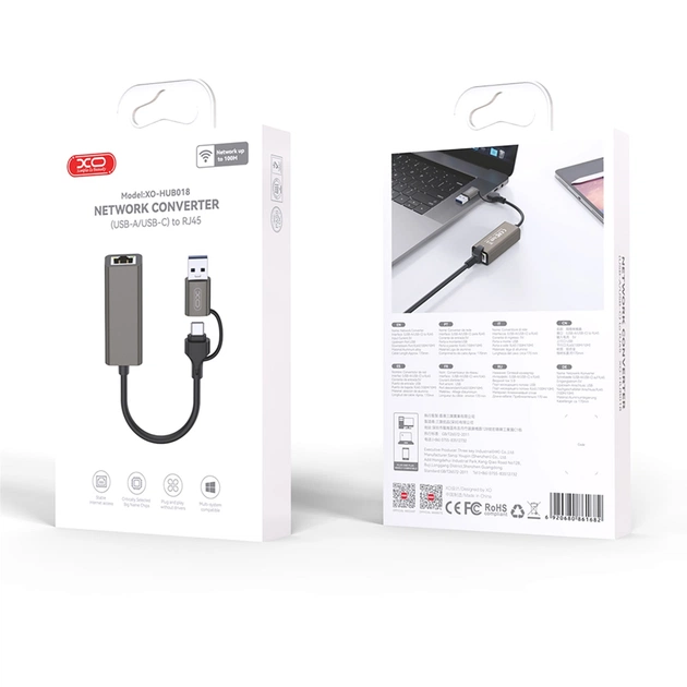 Адаптер USB-C + USB A to RJ45 Ethernet 100Mbps XO (HUB018.black) - picture 6