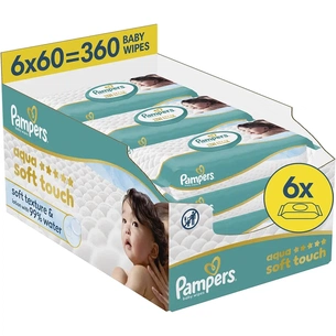 Дитячі вологі серветки Pampers Aqua Soft Touch 6x60 шт (360 шт) (8006530140133) зображення 1