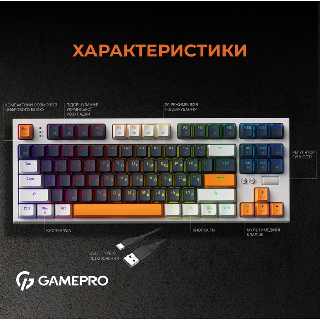 Клавіатура GamePro MK180W Hot-Swap Red Swich RGB USB UA White (MK180W) - picture 6