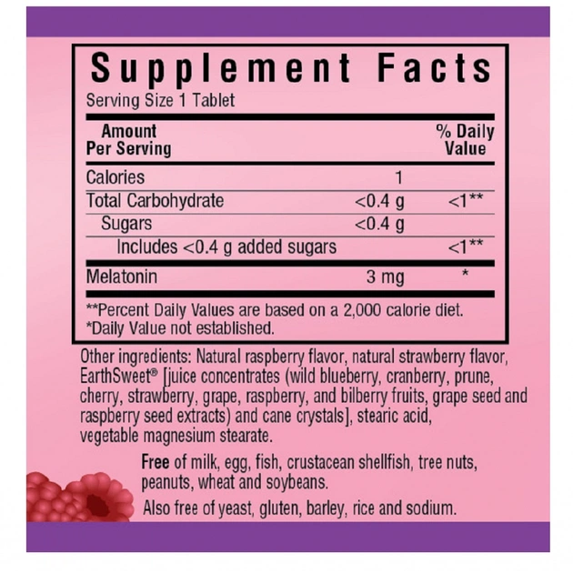 Амінокислота Bluebonnet Nutrition Мелатонін, Melatonin, 3 мг, EarthSweet, Малиновий Смак, 60 ж (BLB0993) - зображення 2