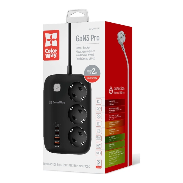 Мережевий фільтр живлення ColorWay CW-CHE34PDB 3 роз/4USB GaN3 Pro (CW-CHE34PDB) - зображення 7