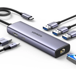 Концентратор Ugreen USB-C 6-in-1 3xUSB 3.0 + HDMI 4K@30Hz + RJ45 1000Mbps + PD silver (15598) зображення 1
