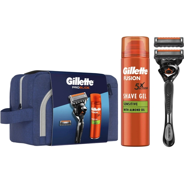 Набір косметики Gillette Бритва Fusion ProGlide з 2 змінними картриджами + Гель для гоління Fusion 200 мл + Косметичка (8700216075459) - picture 1