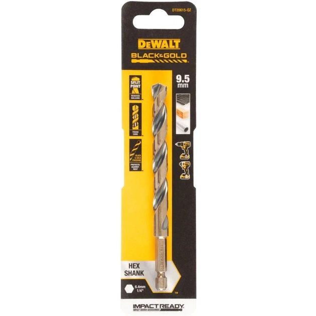 Свердло DeWALT по металу EXTREME IMPACT Black&Gold, HSS-G, 9,5 х 130 х 92 мм, 1 шт. (DT20615) - зображення 1