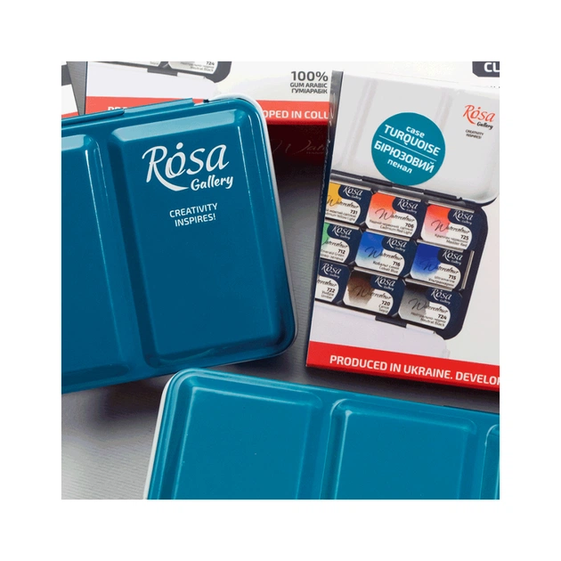 Акварельні фарби Rosa Gallery Класика в металевому пеналі Бірюза 12 кольорів кювета (4823098525707) - picture 4