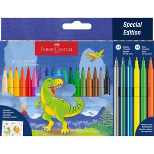 Фломастеры Faber-Castell Динозавр 18 цветов + 3 металлика + 3 неоновых + наклейки в картонной коробке (32963) изображение 1