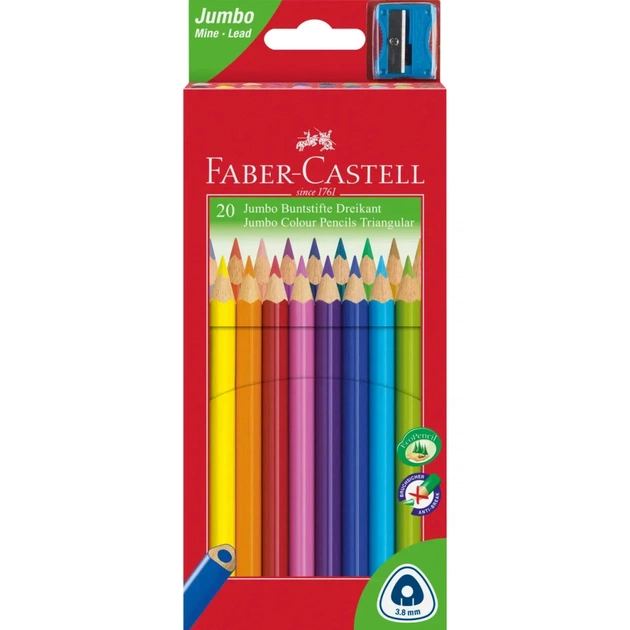 Олівці кольорові Faber-Castell JUMBO Triangular Junior, потовщені, 20 кольорів тригранні + точилка (12391) - зображення 1