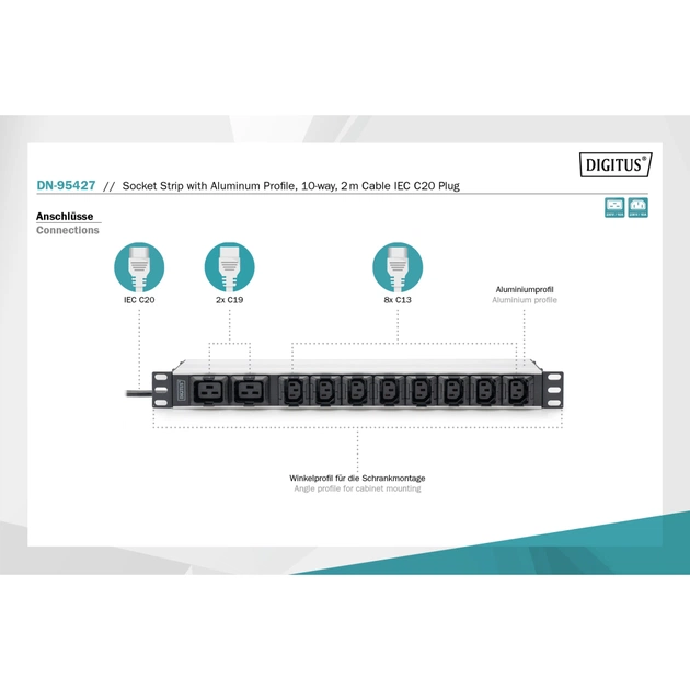 Силовий блок 19" 1U w/PDU 8xC13, 2xC19, 16A, 250V, вилка C20 Digitus (DN-95427) - зображення 3