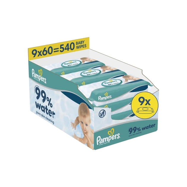 Детские влажные салфетки Pampers 99 Water 60 шт х 9 пачок (540 шт) (8006530116459) - изображение 1