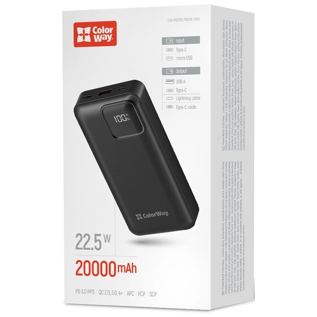 Батарея універсальна ColorWay 20 000 mAh Optimal Power PD/22.5W, QC/3.0, Black (CW-PB200LPB5BK-PDD) - зображення 5