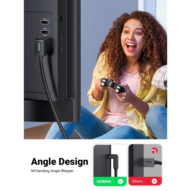 Кабель мультимедійний HDMI M to HDMI M 2.0m 90° corner HD103 black Ugreen (10173) - зображення 3