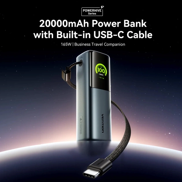 Батарея універсальна Vention 20000 mAh 165W Gray TFT Display Type (FKFH0) - зображення 4