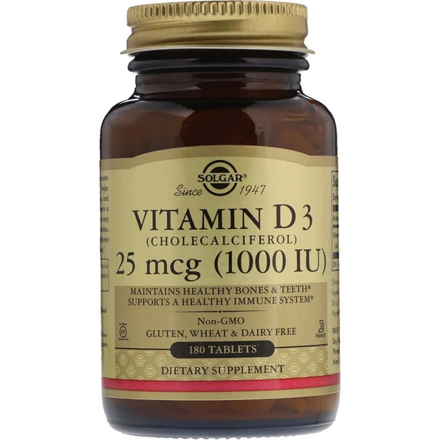 Вітамін Solgar Вітамін D3, Cholecalciferol, 25 мкг, 1,000 МE, 180 таблеток (SOL-03311) - зображення 1