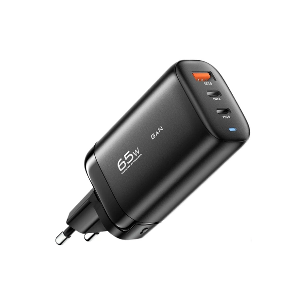 Зарядний пристрій Essager 2xUSB-C + 1xUSB 65W GaN black (ECT2CA-MYB01) - изображение 1