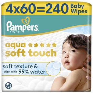 Дитячі вологі серветки Pampers Aqua Soft Touch 4 x 60 шт (240 шт) (8006530140027) зображення 1