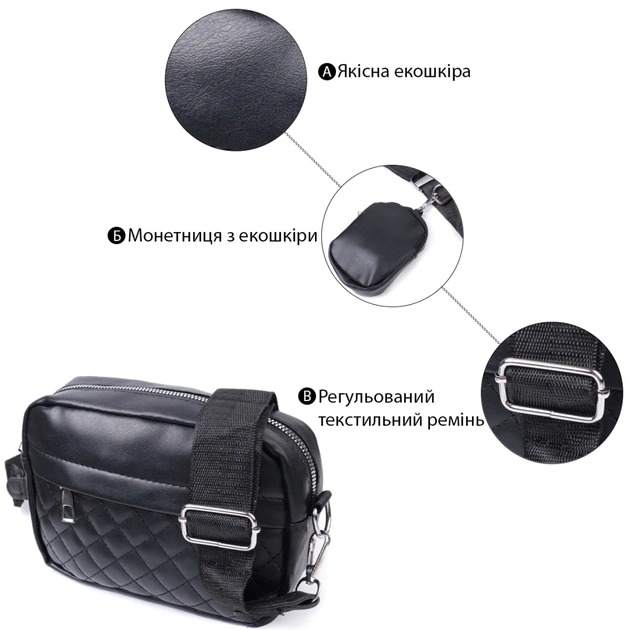 Сумка Vintage С монетницей из экокожи Черная (22796) - изображение 4
