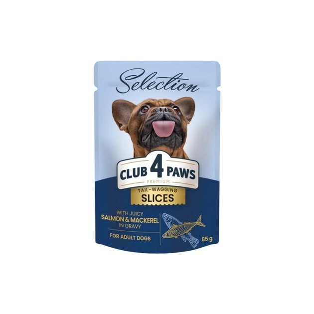 Вологий корм для собак Club 4 Paws Selection Плюс Шматочки з лососем та макрелью в соусі 85 г (4820215368056) - picture 1